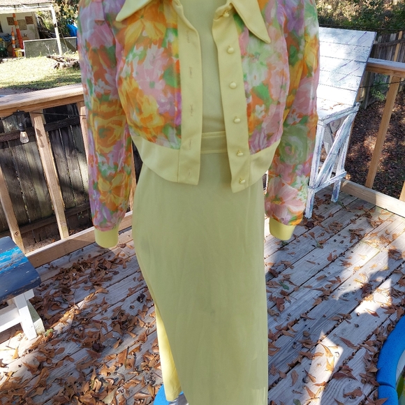 70s Handmade Maxi Dress Yellow Keyhole Back Floral Sheer Collared Top Size 3 - Picture 5 of 12
